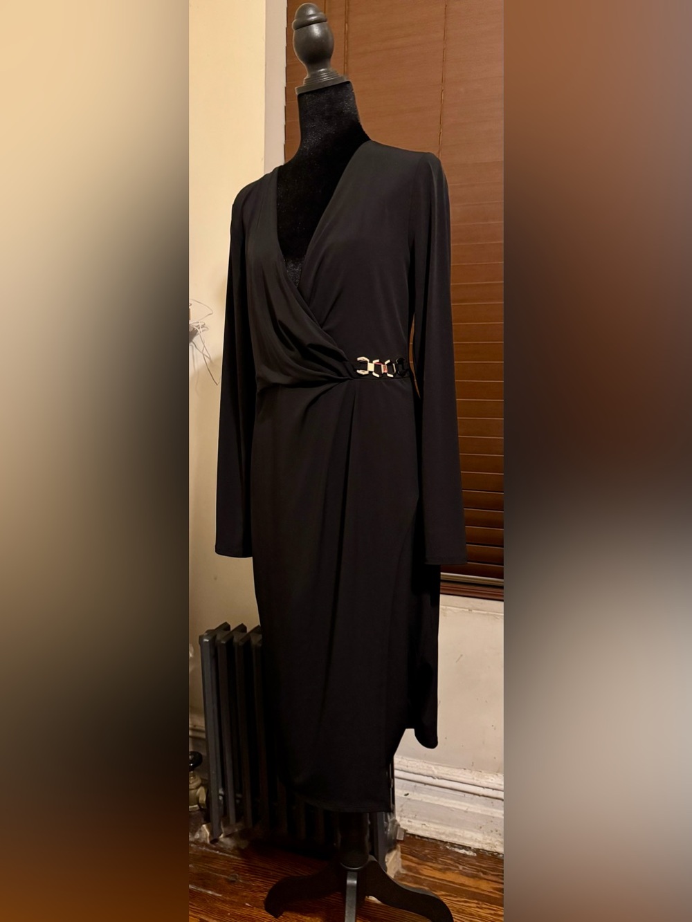Classic Black Long-Sleeve Wrap Dress with Waist Detail